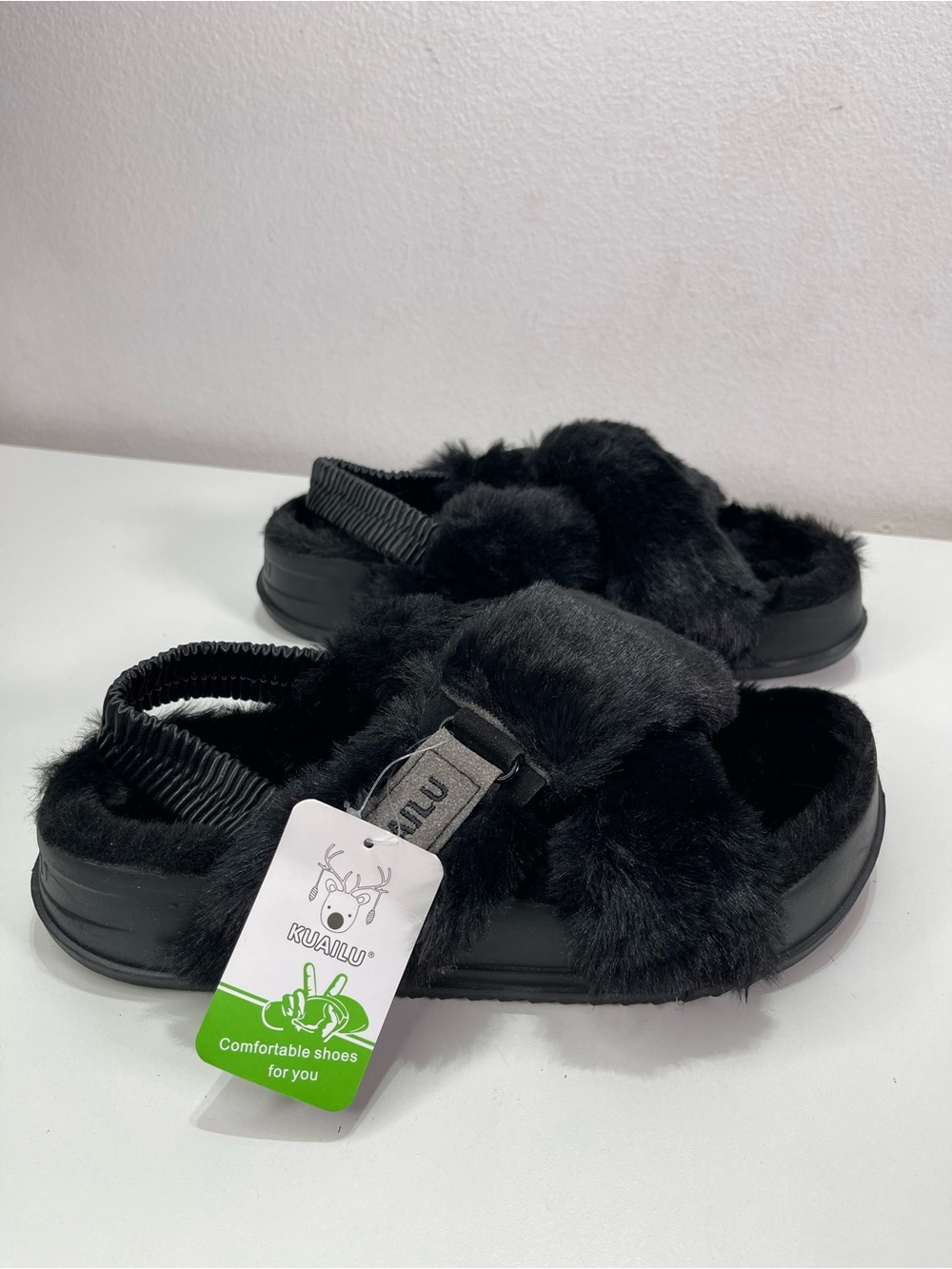 Kuailu Women 10 Black Platform Sandals Fuzzy Criss Cross Comfortable Furry Goth